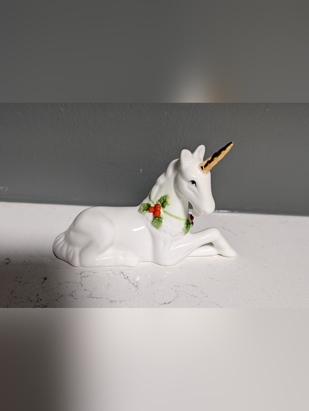 Vintage Unicorn Figurine with Gold Horn, Holiday White Ceramic, Taiwan